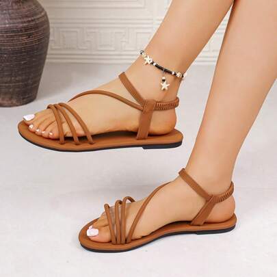Sandalias planas de tiras finas minimalistas, diseño de tobillo elástico cómodo y sin ataduras, adecuadas para vestidos y vaqueros, color negro versátil y favorecedor