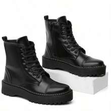 Women's Black Platform Ankle Boot With Tractor Sole, Mid-Calf, Side Zipper, Fashion Blogger Style 2026 - Black - View 1