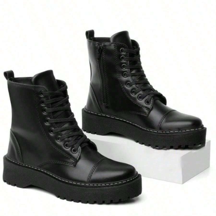 Women's Black Platform Ankle Boot With Tractor Sole, Mid-Calf, Side Zipper, Fashion Blogger Style 2026 - Black - View 1