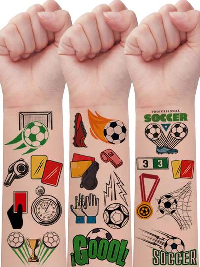 Bộ 112 miếng dán hình xăm tạm thời chủ đề bóng đá, bao gồm các hình ảnh hoạt hình bóng đá dễ thương. Thích hợp cho người hâm mộ bóng đá dán lên cơ thể, cánh tay và mặt như một hình trang điểm.
