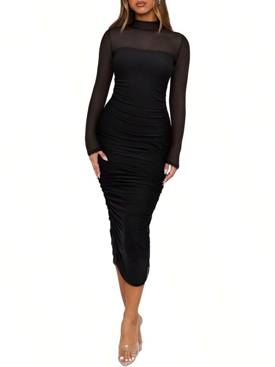 2026 Women's Summer Mesh Sheer Short Sleeve Mock Neck Ruched Bodycon Midi Elegant Evening Party Cocktail Dress