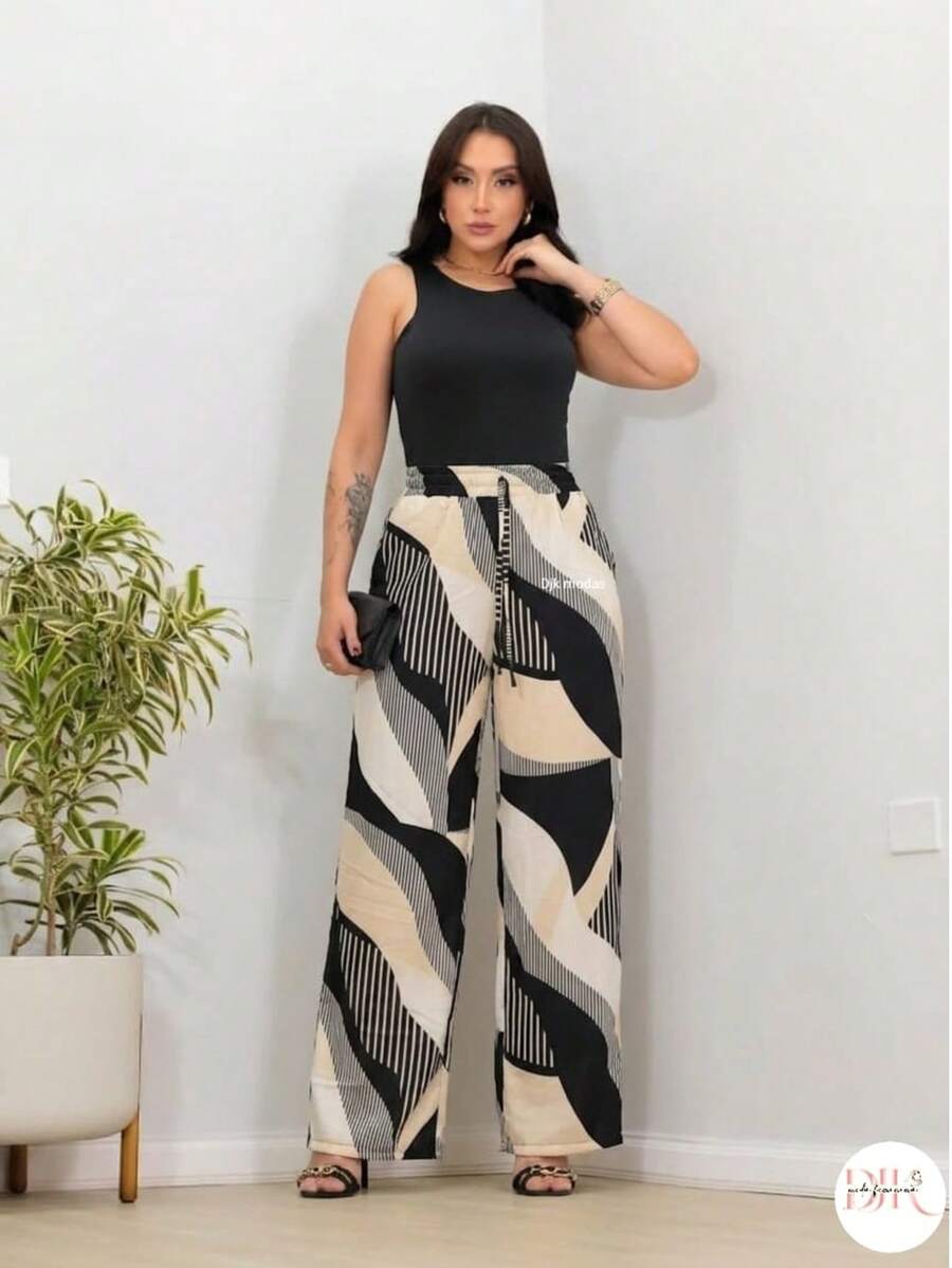 Wide-Leg Pants In DUNA Fabric, Unlined, Woven Fabric WITHOUT Elastane, With Pockets (Size Chart Available) - Abstract Black Wave - View 1
