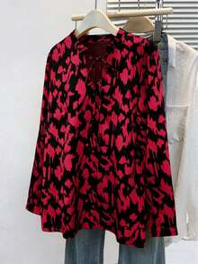Women's V-Neck Leopard Print Tie-Up Puff Sleeve Casual Shirt Vacation Spring - Red - View 2