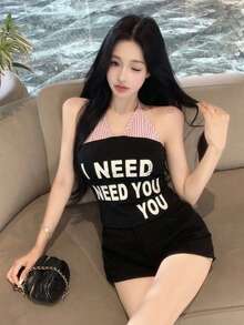 American Baddie Letter Print Strapless Camisole Tank Top, Summer Sports Vacation Style Slim Fit Outerwear - Black - View 6