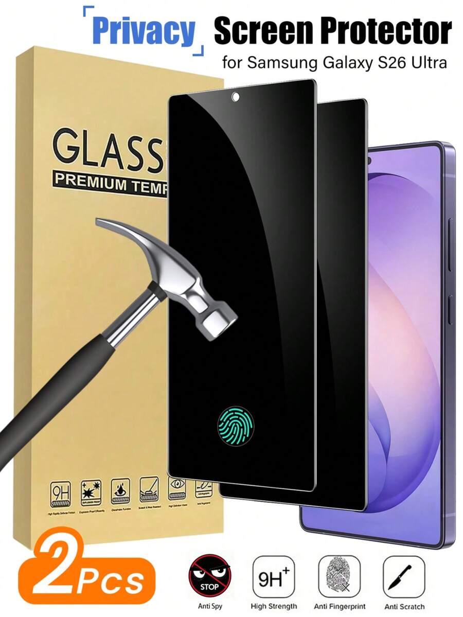 防震防窥钢化玻璃屏幕保护膜 2 片装,适用于 Galaxy S26 Ultra,25° 隐私保护,9H 硬度。适用于三星 Galaxy S26/S26 Ultra/S26 Plus/S25/S25 Ultra/S25 FE/S24/S23/S22/S21 系列。支持指纹解锁,全屏覆盖,易于安装,防刮花,兼容手机壳和配件。春季礼物,周年纪念日,生日派对佳品。 - 黑色 - 查看 1