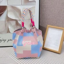 Personalized Crochet Knit Handbag Contrast Stripe Mini Tote Bag, Fashion Knitted Small Top Handle Purse, Handheld Bag For Daily Use, Travel, Shopping - Multicolor - View 11