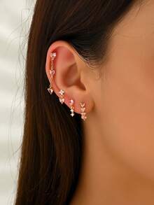 4pcs/Set Cute & Elegant Pink Heart Earrings, European And American Fashion Cubic Zirconia Earring Set - Pink - View 1