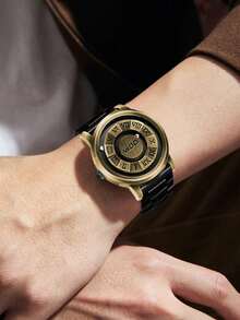 DOM 1pc Men's Watch, Retro Roman Numeral Dial Quartz Waterproof Wristwatch, Unique Magnetic Levitation Technology, Leather & Steel Strap, Suitable For Gifts And Daily Wear - Bronze Dial With Steel Strap - View 3