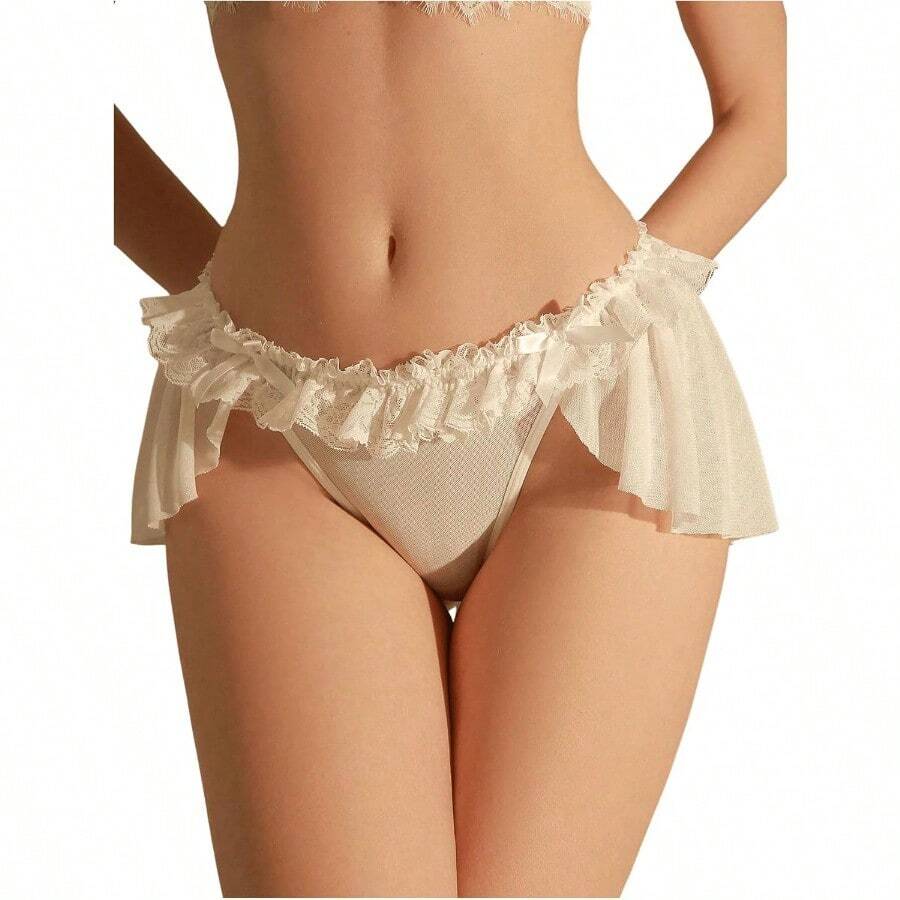 Women's Lingerie Lace Ruffle Panties Bowknot Mid Waist Thongs Underwear - trắng - Xem 1