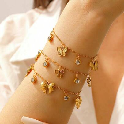 1pc Stainless Steel Bracelet With Butterfly Pendant & Rhinestones, Clover Design, 18K Gold Plated, Fashion Accessory Suitable For Beach & Daily Wear