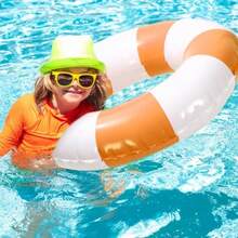 Whaline 4Pcs Inflatable Swimming Float Toy Striped Swim Ring Fun Print Pool Lounger Tube For Summer Swimming Beach Party - 橘色 - 查看 5