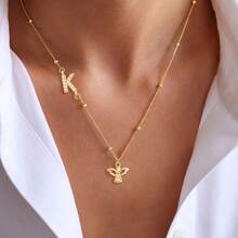 1件新款经典天使字母吊坠金色不锈钢珠链项链，女士款 - 金黃色 - 查看 1