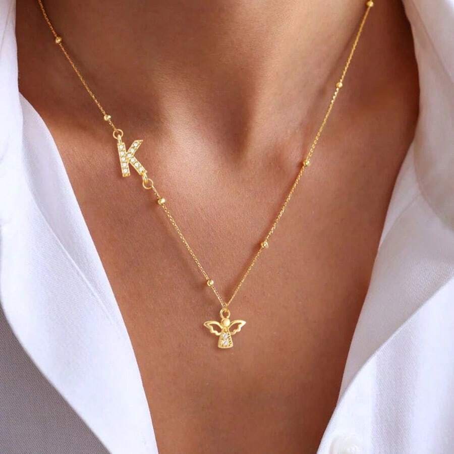 1件新款经典天使字母吊坠金色不锈钢珠链项链，女士款 - 金黃色 - 查看 1