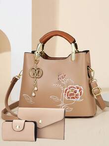 Elegant Embroidered Women's Handbag - With Detachable Shoulder Strap, Zipper Closure, Golden Hardware, Everyday Elegance | Handbag | Detachable Strap - Black - View 10