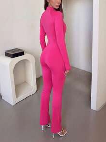 Bộ jumpsuit dài tay ôm sát, khóa kéo, phong cách cá tính, thời trang công sở DOUCIU, trang phục thường ngày năng động. - Màu Hồng Tươi - Xem 2