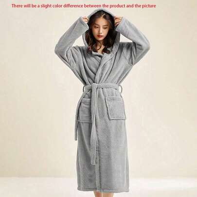 Women's Coral Fleece Long Hooded Bathrobe, Multiple Colors Available, Unisex, 3D Pineapple Pattern Design, Soft & Fluffy Warm, With Belt And Pockets