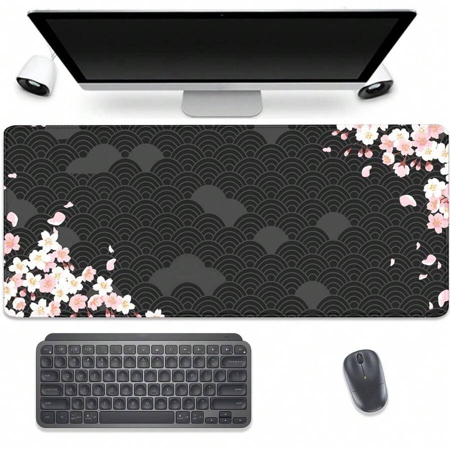 Alfombrilla de ratón con diseño de flores de cerezo en acuarela negra, alfombrilla de ratón grande para juegos con bordes cosidos, base de goma antideslizante e impermeable para oficina, trabajo en casa y escritorio - Rectángulo - Ver 1