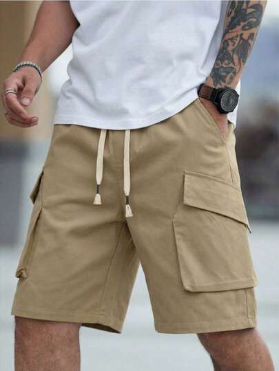 1pc Men's Lightweight Outdoor Shorts, With Drawstring Waist, Multiple Pockets Including Slant Pockets And Large Flap Pockets, 5-Inch Cargo Shorts Style, Solid Color, Polyester Fabric, Suitable For Outdoor Hiking, Running, Camping And Daily Wear Summer