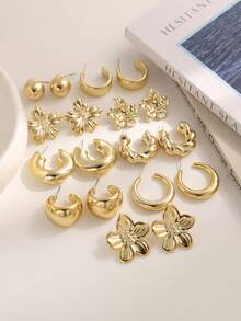6/18pcs Fashionable Floral & Geometric Multi-Element Gold Metal Earring Set, Women's Stylish Earring Set, Suitable For Daily Wear (Lightweight CCB Material, Non-Fading) - Gold - View 6