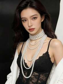 1 Bộ dây chuyền ngọc trai nhiều lớp, trang sức thủ công kiểu cung đình cổ điển, thiết kế mặt dây chuyền nhiều lớp, thanh lịch và quyến rũ. - dây chuyền ngọc trai nhiều lớp - Xem 1