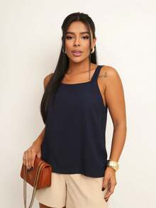 Elegant Viscose Wide Strap Tank Top - 藏蓝色 - 查看 5