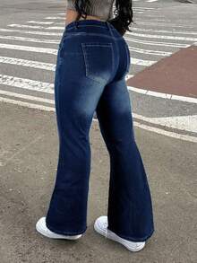 西部/牛仔风女式街头时尚喇叭裤大码蓝色弹力喇叭牛仔裤休闲春季 - 深藍 - 查看 2