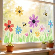 1pc Graffiti Bee & Flower Window Glass Sticker - Funny Spring Theme Decal, Self-Adhesive Removable Decoration For Home, Kids Room, Classroom, Cute Handpainted Style Home Decor - 1PC - View 5