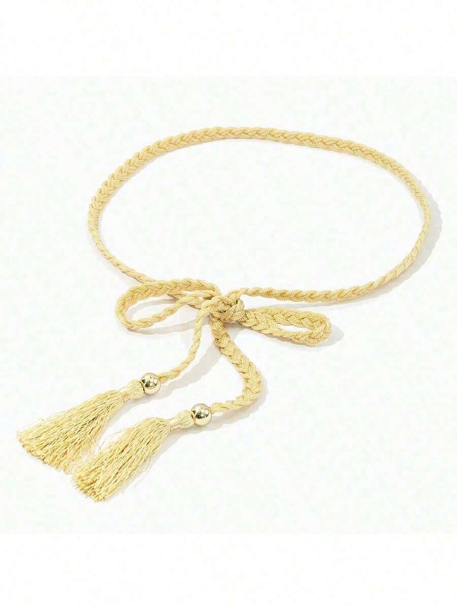 1pc Handmade Woven Extra Long Black Waist Rope - Beige - View 1