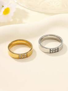 2 piezas Juego de anillos minimalistas de moda de acero inoxidable con baño de oro, incrustados con rhinestones blancos, adecuados para uso diario de mujeres o como regalo - Multicolor - Ver 3