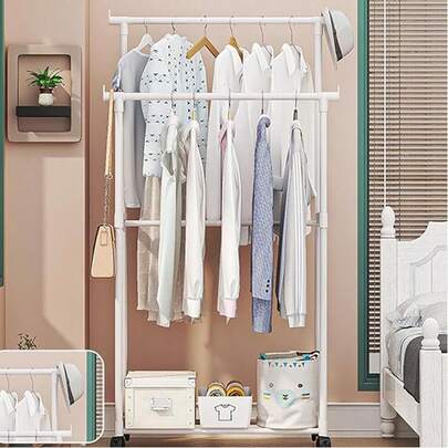 1 قطعة رف تجفيف ملابس ذو قطبين متدحرج، رف تعليق متعدد الطبقات مناسب لغرفة النوم، رف ملابس فاخر خفيف الوزن قابل للتعليق مع عجلات، مناسب للاستخدام المنزلي الداخلي/متجر الملابس