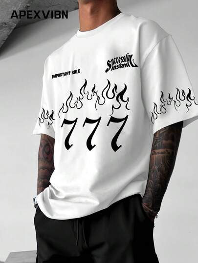 街头风火焰777印花短袖复古宽松男士T恤
