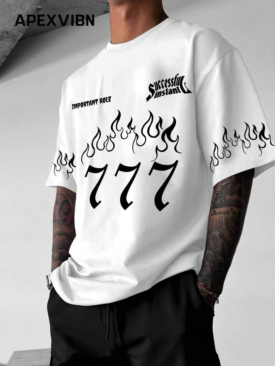街头风火焰777印花短袖复古宽松男士T恤 - 白色 - 查看 1
