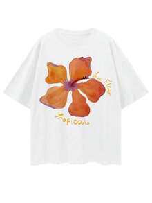 Camiseta casual con cuello redondo holgado, estampado floral y caída de hombros para mujer, ideal para vacaciones, playa y uso diario - Blanco - Ver 2