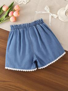 1 buah Celana Pendek Denim Warna Terang untuk Anak Perempuan, Kasual, Sehari-hari, Nyaman, Segar, Warna Pink Manis, Bordir Hati dengan Patchwork Renda Kecil - Light Wash - View 2