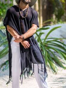 Summer, New Style, Tassel Edge, Vacation, Versatile, Casual, Seaside, Handsome, Men's Hoodie, Men's Windbreaker. Wear It To The Party, And You Will Be The Most Handsome Man In The Room! - Black - View 3