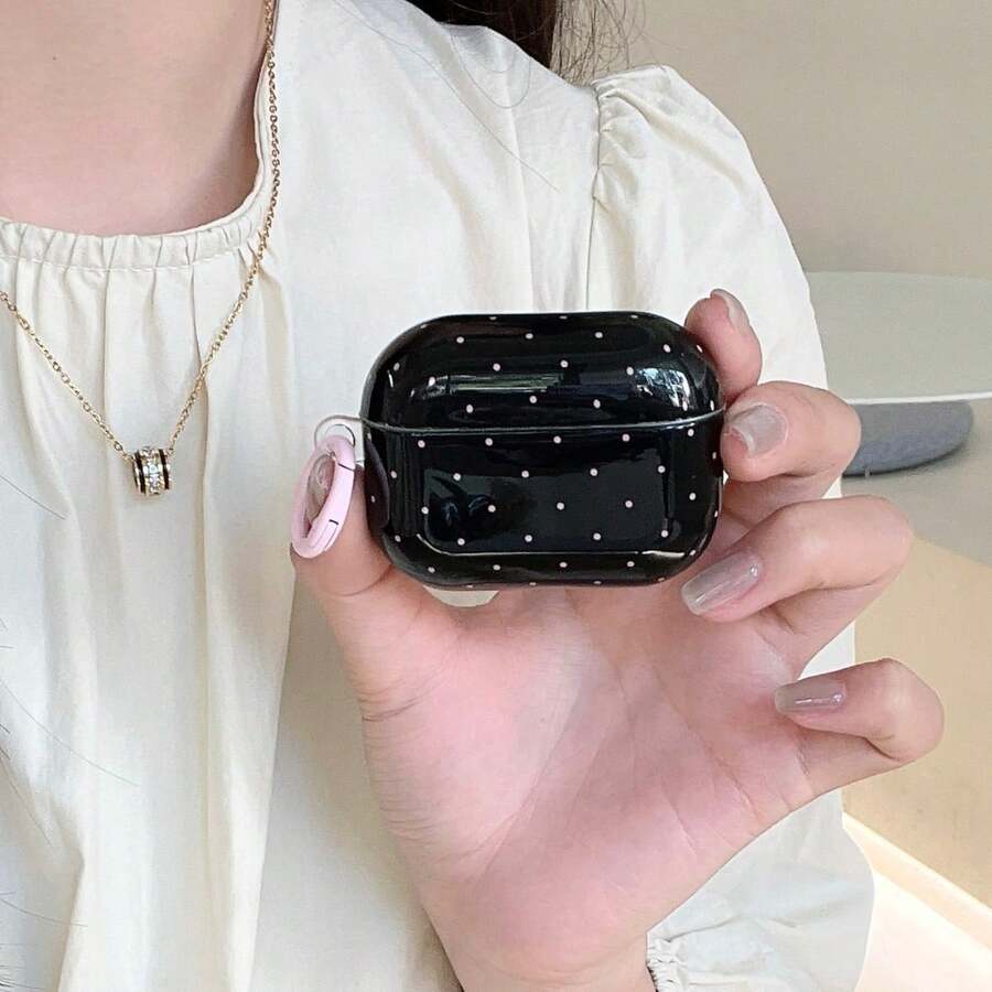 Minimalist High-End Black Base Pink Polka Dot Hanging Ring Earphone Case Suitable Compatible With AirPods Pro 2, Cute Apple 4 Minimalist 3 New 1/2 Generation Women Earphone Case