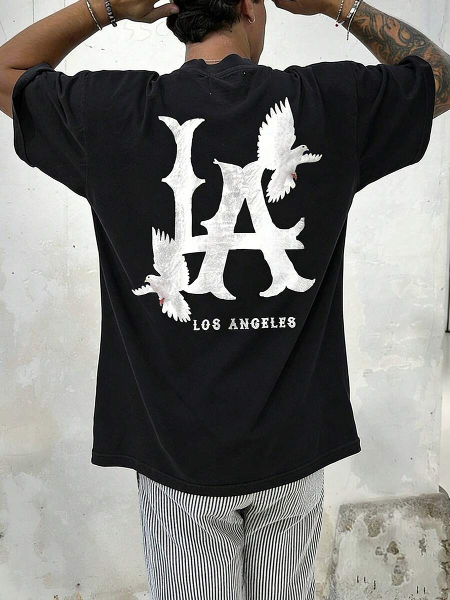 FRACTYR Men's Casual Street Fashion Loose Fit Round Neck Graphic T-Shirt, Summer - Black - View 1