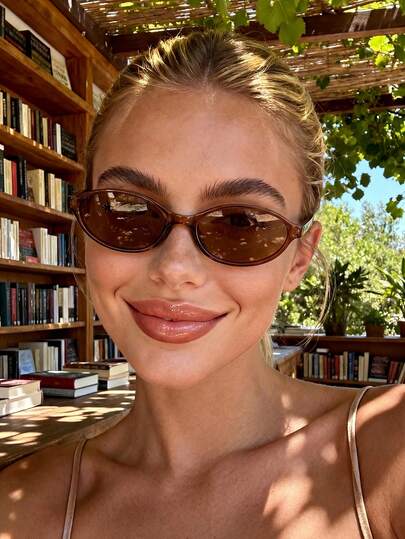 1 Pair Unisex Oval Small Frame Brown Premium Sunglasses, Suitable For Dates, Engagements, Weddings, Valentine's Day, Summer Beach Vacations, Outings, Outdoor Activities And Travels