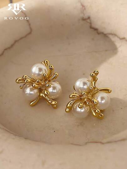 1 Pair Fashionable Elegant Luxury Faux Pearl Firework Design Unique Classic Sophisticated Earrings, Suitable For Women's Daily Casual And Party Wear