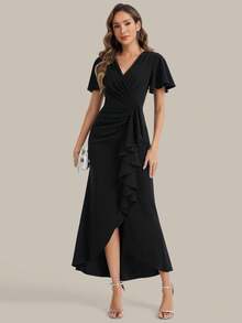 EVERPRETTY Women's V-Neck Ruched High Slit Asymmetric Evening Gown, Black Formal Dress Suitable For Wedding Guest, Semi-Formal Occasions - Black - View 4