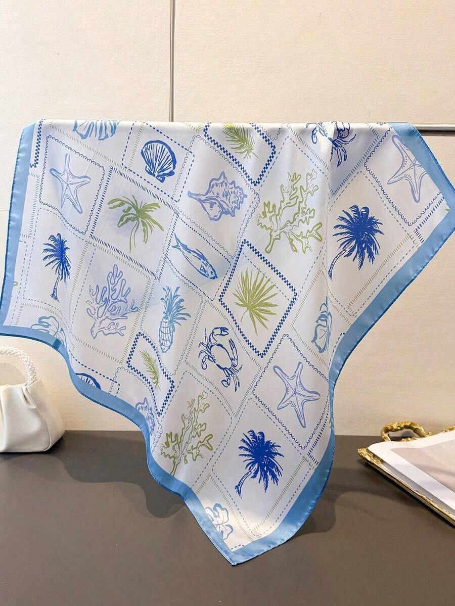 1pc Seashore Resort Starfish & Mermaid Print Silk-Like Square Scarf, 68cm, Suitable For Beach, Street, Daily, Vacation, Business, Fashion Handbag Decoration Strap - Màu xanh lam - Xem 1