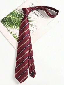 1pc Red & Blue Striped Handmade Necktie, Suitable Shirts And Everyday Use. - 勃根地 - 查看 5