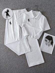 2pcs/Set Girls' Casual Chic Polo Collar Cropped Top And Wide Leg Embroidered Knit Pants, Summer Outfit - Grey - View 1