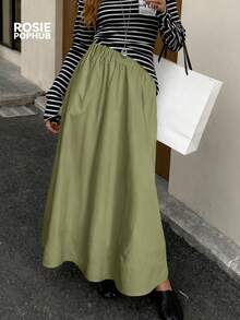 ROSIE POPHUB 女款橄欖綠休閒百搭裙，優雅學院風，適合辦公室、婚禮季、音樂節、秋季 - 橄欖綠 - 查看 3