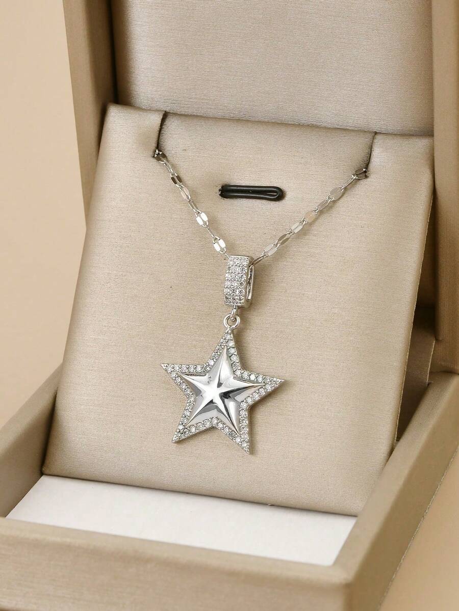 1件装时尚全锆石星形不锈钢项链，女士银饰，银项链，适合夏季、度假、海滩派对、日常佩戴、送礼、生日礼物 - 銀色 - 查看 1