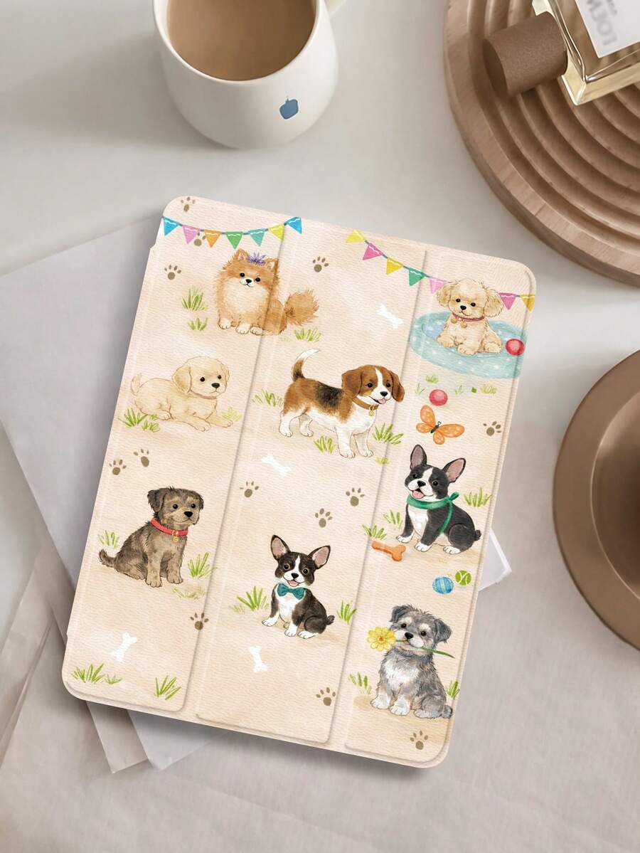 1个可爱小狗派对图案平板保护套，兼容iPad 10.2英寸（2021/2020款，第十/九/八代，A16芯片）、11英寸（第十一代，2025款）、三星Galaxy Tab A8 10.5英寸（2022款），带笔槽，支持自动休眠/唤醒功能。 - 彩色 - 查看 1