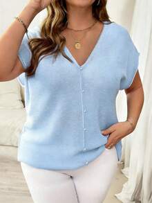 Plus Size Deep V-Neck Knit Top, Semi-Sheer Drop Shoulder Design, Regular Length, Slightly Stretchy Summer - Baby Blue - View 5