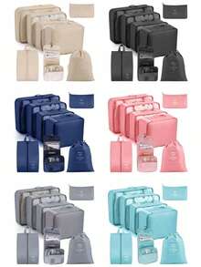 7件套旅行收纳袋，多功能整理袋，大容量拉链袋，手提旅行包，化妆包，鞋袋，水瓶套，束口袋，通用袋，行李袋，内衣收纳袋，住院包，衬衫，内衣，衣物，化妆品，洗漱用品，防水牙刷牙膏套装 - 彩色 - 查看 3