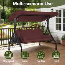 BOSMILLER 3-Seat Outdoor Porch Swing With Adjustable Canopy, 2 In 1 Convertible Patio Swing Bed, Patio Glider Swing For Backyard, Red - Red - View 9