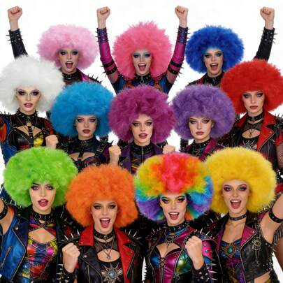 虹色エクスプロージョン アフロウィッグコレクション メンズ レディース - カラフルな色 短い フワフワ ジャンボ キンキーカーリー 合成ウィッグ パンク、レイブ、コスプレ、ドラッグ、音楽フェス、パーティー、コスチューム、ストリートファッション、写真撮影用 - ユニセックス クレイジーロッカー ホラー クリスマス クラウンコスプレウィッグ、12の鮮やかなネオンカラー & キャラクターに合わせられるオプションのメガネ!